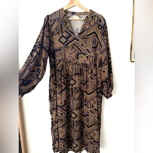 Cost Plus World Market Long Sleeve Geometric Print Dress in Brown and Black